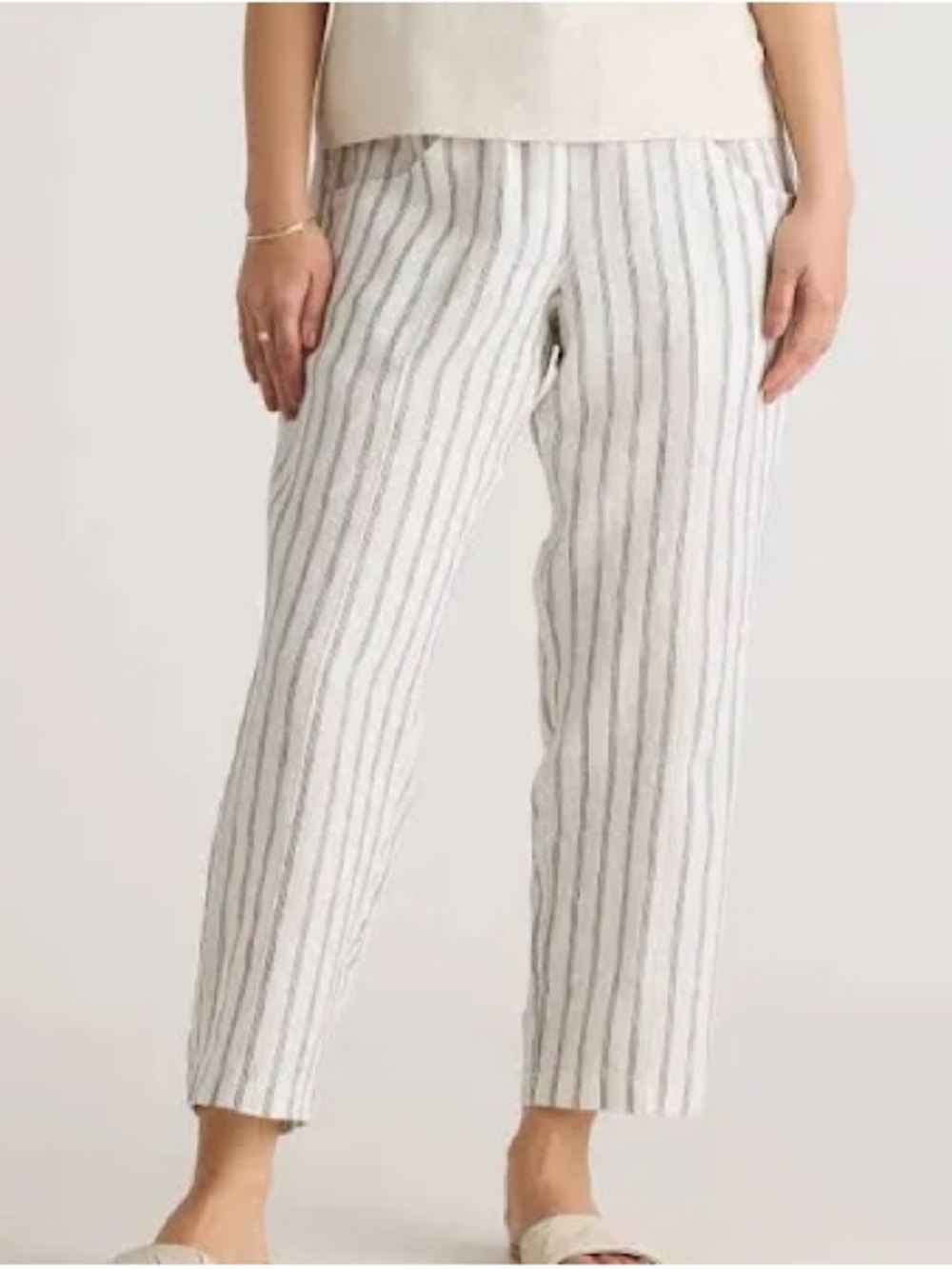 NWT Quince European Linen Tapered Ankle Pants in Oatmeal/Black Pinstripe Size: S